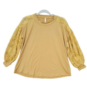 NWT New Mitto Shop Womens Large PolyRayon Mustard Yellow Puff Sleeve Knit Top